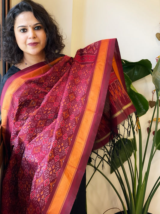 Maroon Handwoven Ikat Dupatta Pure Silk-Cotton