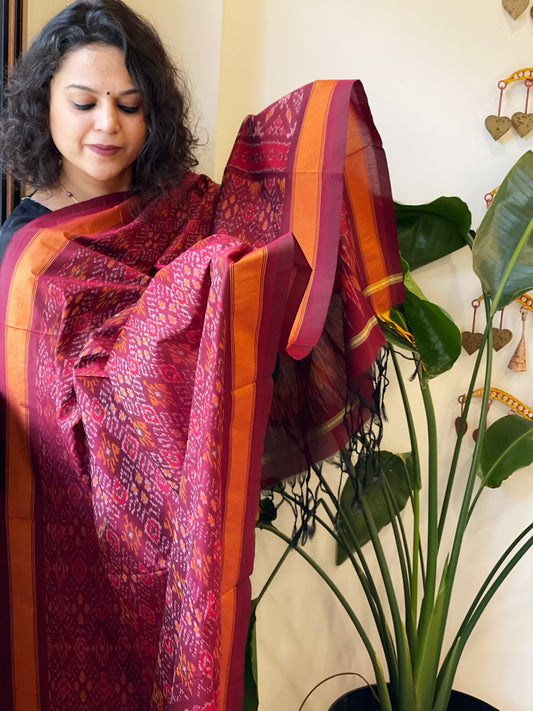 Maroon Handwoven Ikat Dupatta Pure Silk-Cotton