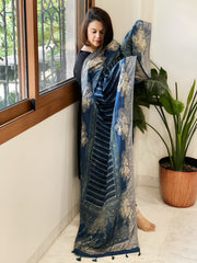 Blue Ajrakh Handblock Printed Organza Crepe Dupatta with Banarasi Border