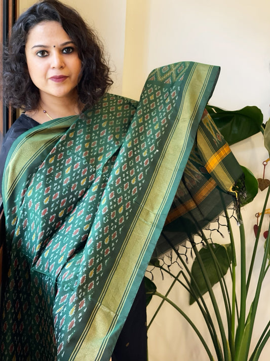 Teal Green Handwoven Ikat Dupatta Pure Silk-Cotton