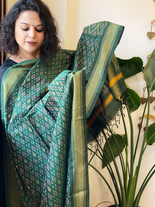 Teal Green Handwoven Ikat Dupatta Pure Silk-Cotton