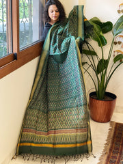 Teal Green Handwoven Ikat Dupatta Pure Silk-Cotton