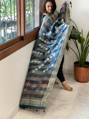 Blue Ajrakh Handblock Printed Organza Crepe Dupatta with Banarasi Border