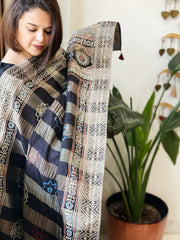 Black Ajrakh Handblock Printed Organza Crepe Dupatta with Banarasi Border