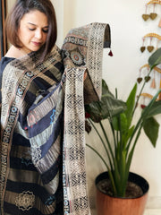 Black Ajrakh Handblock Printed Organza Crepe Dupatta with Banarasi Border