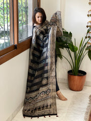 Black Ajrakh Handblock Printed Organza Crepe Dupatta with Banarasi Border