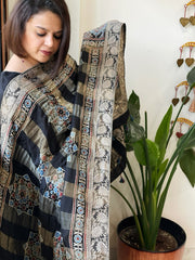 Black Ajrakh Handblock Printed Organza Crepe Dupatta with Banarasi Border