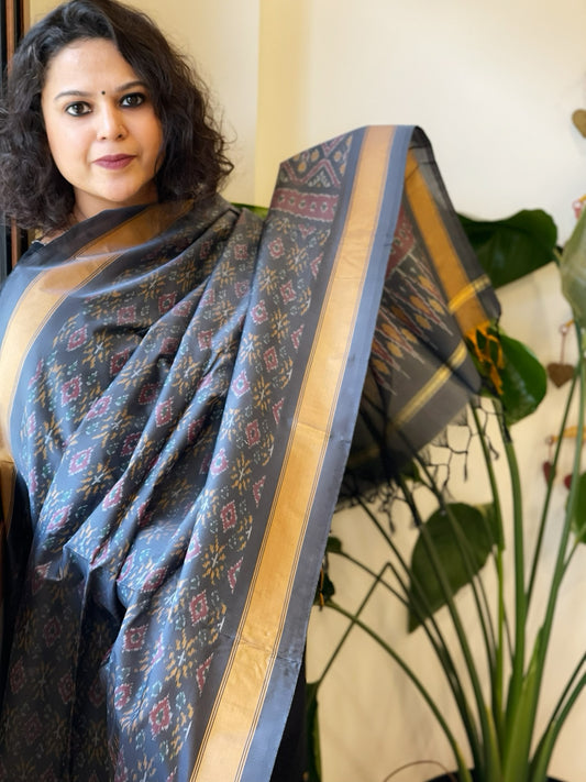 Slate Grey Handwoven Ikat Dupatta Pure Silk-Cotton