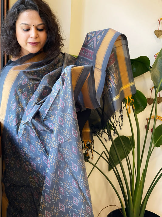 Slate Grey Handwoven Ikat Dupatta Pure Silk-Cotton