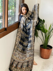 Black Ajrakh Handblock Printed Organza Crepe Dupatta with Banarasi Border