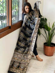Black Ajrakh Handblock Printed Organza Crepe Dupatta with Banarasi Border