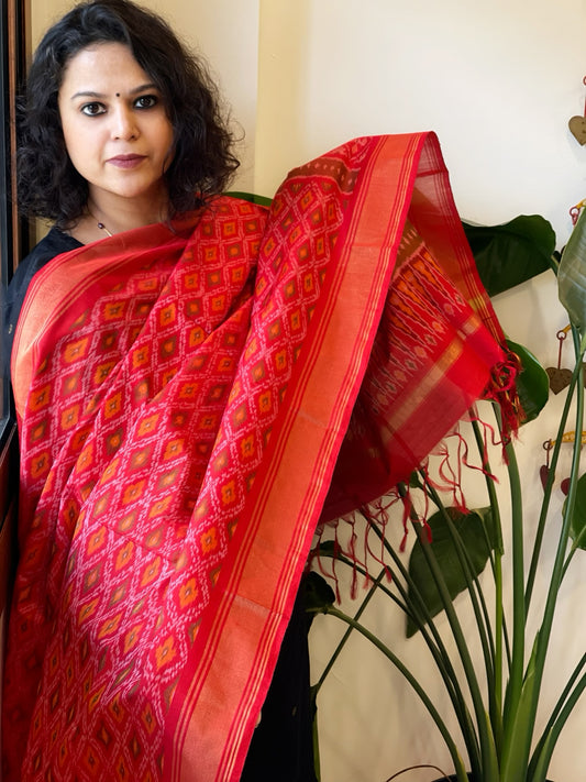 Red Handwoven Ikat Dupatta Pure Silk-Cotton