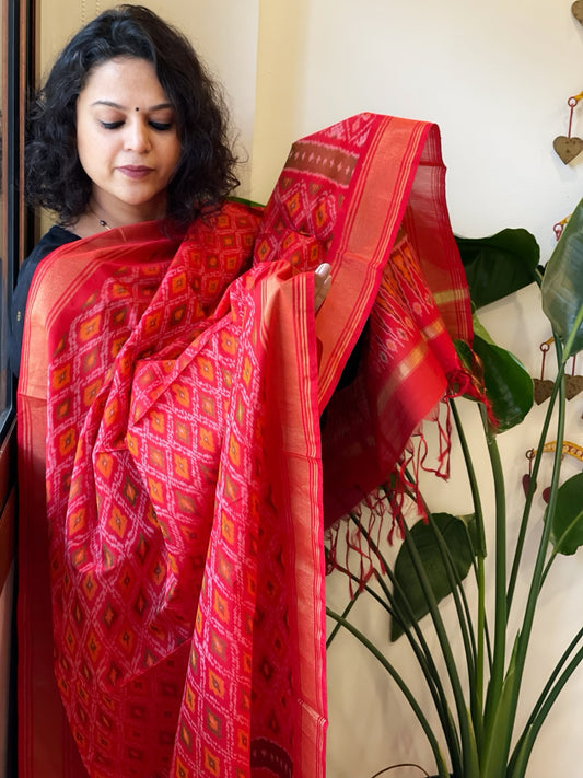 Red Handwoven Ikat Dupatta Pure Silk-Cotton