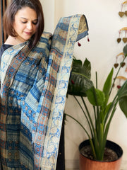 Blue Ajrakh Handblock Printed Organza Crepe Dupatta with Banarasi Border