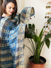 Blue Ajrakh Handblock Printed Organza Crepe Dupatta with Banarasi Border