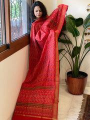 Red Handwoven Ikat Dupatta Pure Silk-Cotton