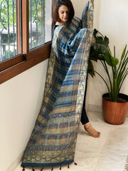 Blue Ajrakh Handblock Printed Organza Crepe Dupatta with Banarasi Border