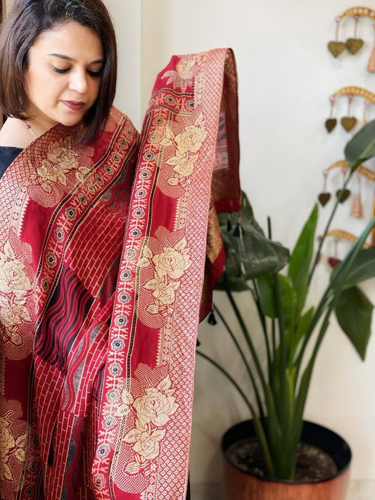 Reddish Rust Ajrakh Handblock Printed Organza Crepe Dupatta with Banarasi Border