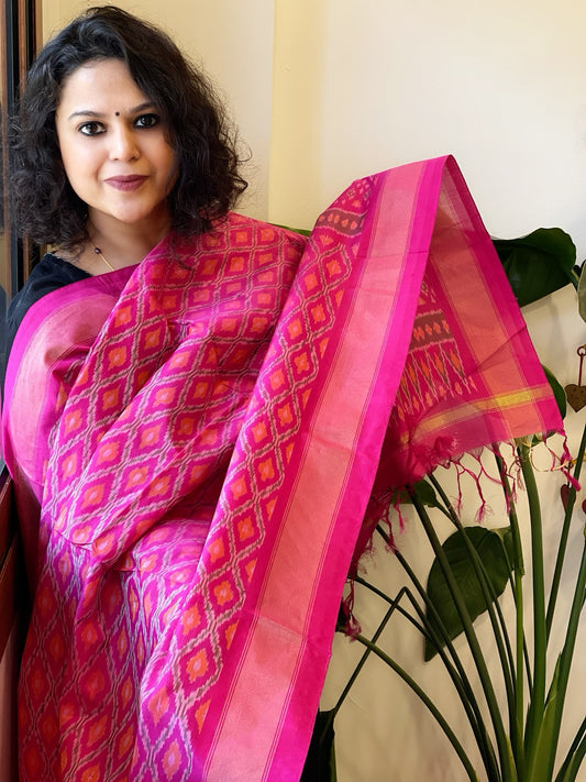 Pink Handwoven Ikat Dupatta Pure Silk-Cotton