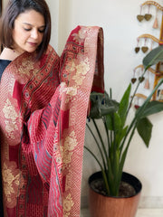 Reddish Rust Ajrakh Handblock Printed Organza Crepe Dupatta with Banarasi Border