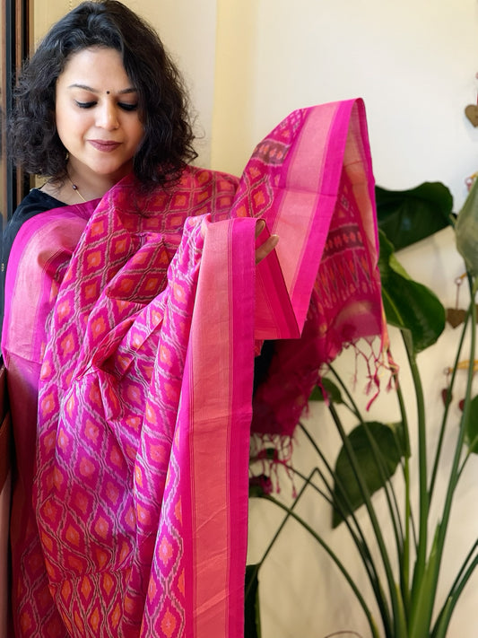 Pink Handwoven Ikat Dupatta Pure Silk-Cotton