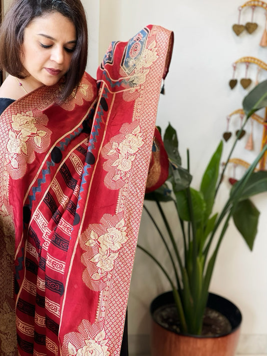 Reddish Rust Ajrakh Handblock Printed Organza Crepe Dupatta with Banarasi Border