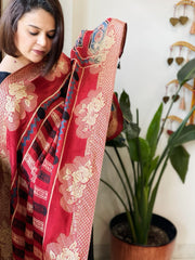 Reddish Rust Ajrakh Handblock Printed Organza Crepe Dupatta with Banarasi Border