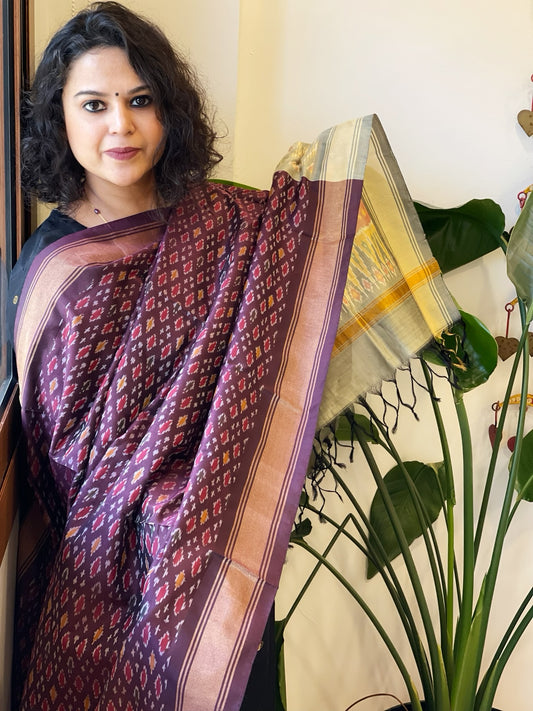 Chocolate Brown Handwoven Ikat Dupatta Pure Silk-Cotton
