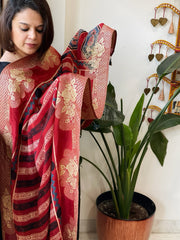 Reddish Rust Ajrakh Handblock Printed Organza Crepe Dupatta with Banarasi Border