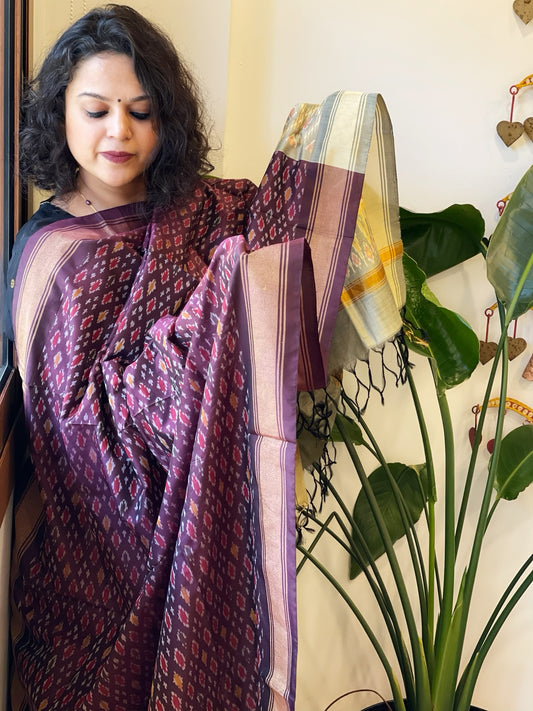 Chocolate Brown Handwoven Ikat Dupatta Pure Silk-Cotton