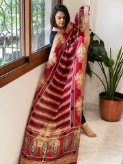 Reddish Rust Ajrakh Handblock Printed Organza Crepe Dupatta with Banarasi Border
