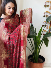 Reddish Rust Ajrakh Handblock Printed Organza Crepe Dupatta with Banarasi Border
