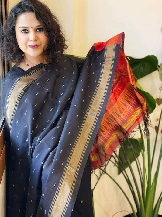 Black Handwoven Ikat Dupatta Pure Silk-Cotton