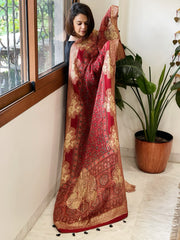 Reddish Rust Ajrakh Handblock Printed Organza Crepe Dupatta with Banarasi Border