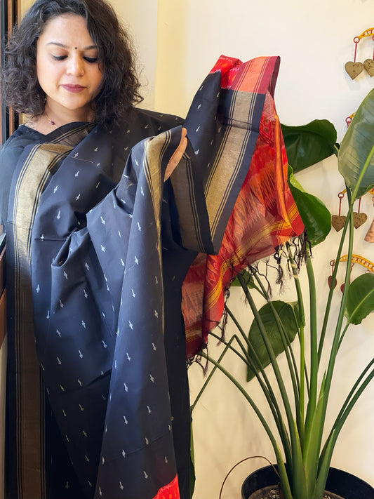 Black Handwoven Ikat Dupatta Pure Silk-Cotton
