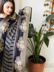 Black Ajrakh Handblock Printed Organza Crepe Dupatta with Banarasi Border