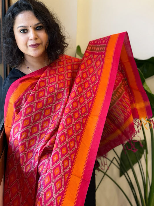 Coral Pink Handwoven Ikat Dupatta Pure Silk-Cotton