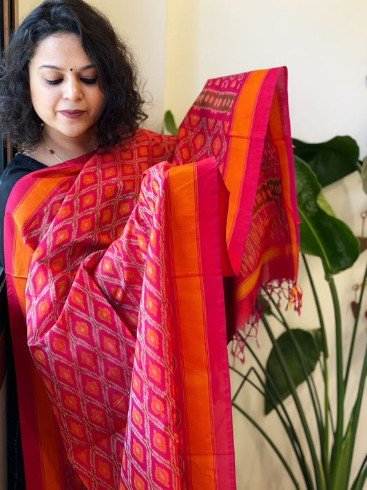 Coral Pink Handwoven Ikat Dupatta Pure Silk-Cotton