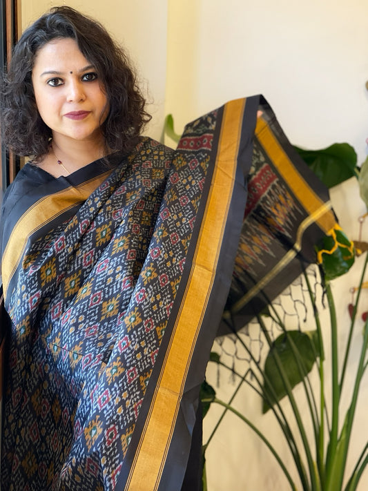 Black Handwoven Ikat Dupatta Pure Silk-Cotton