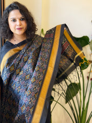 Black Handwoven Ikat Dupatta Pure Silk-Cotton