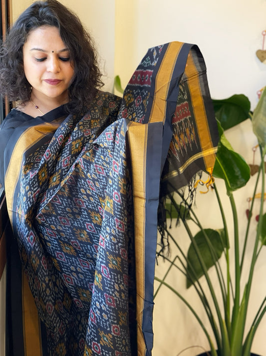 Black Handwoven Ikat Dupatta Pure Silk-Cotton