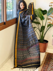 Black Handwoven Ikat Dupatta Pure Silk-Cotton