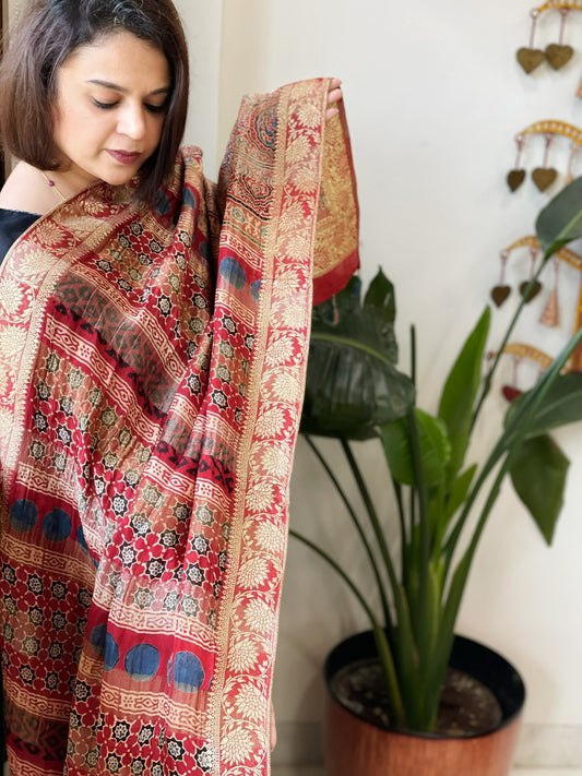 Reddish Rust Ajrakh Handblock Printed Organza Crepe Dupatta with Banarasi Border