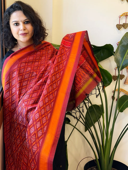 Maroon Handwoven Ikat Dupatta Pure Silk-Cotton