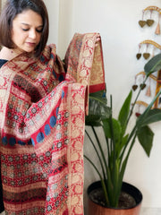 Reddish Rust Ajrakh Handblock Printed Organza Crepe Dupatta with Banarasi Border