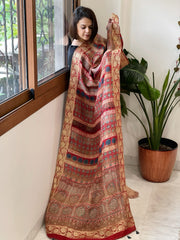 Reddish Rust Ajrakh Handblock Printed Organza Crepe Dupatta with Banarasi Border