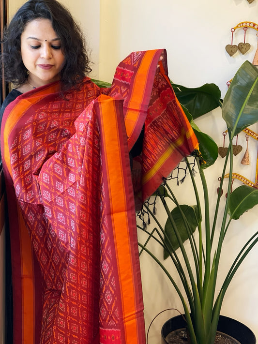 Maroon Handwoven Ikat Dupatta Pure Silk-Cotton