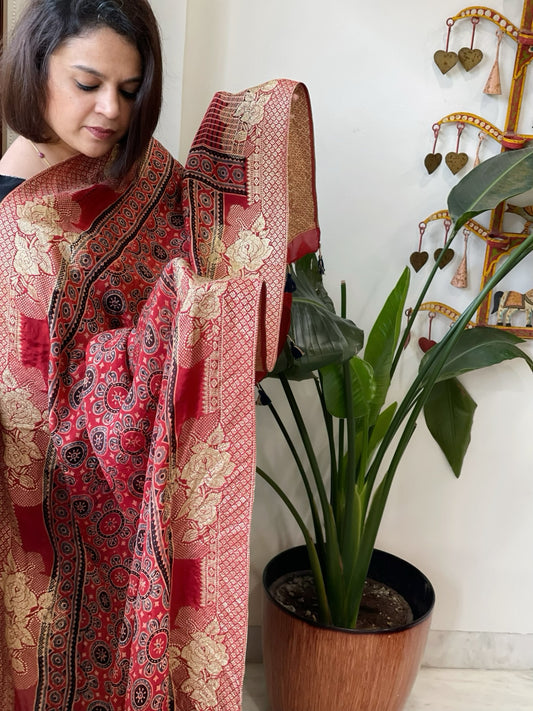 Reddish Rust Ajrakh Handblock Printed Organza Crepe Dupatta with Banarasi Border