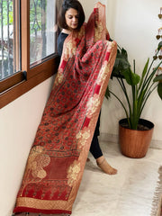 Reddish Rust Ajrakh Handblock Printed Organza Crepe Dupatta with Banarasi Border