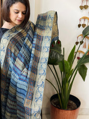 Blue Ajrakh Handblock Printed Organza Crepe Dupatta with Banarasi Border